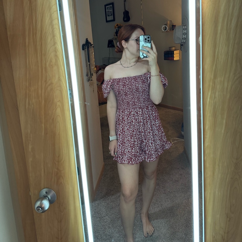 red floral off the shoulder romper with shorts